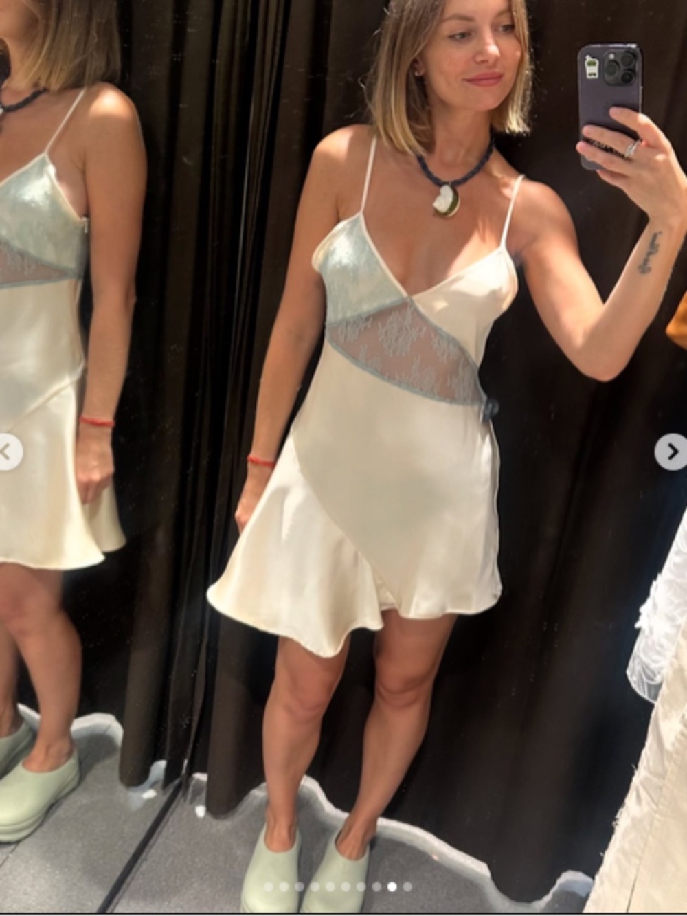 Zara Satin Lace Slip Mini Dress Cream White Green Size Medium - Picture 5 of 9